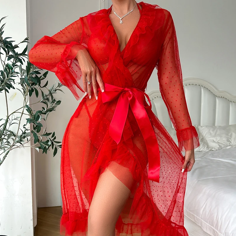 Сексуальная сетчатая ночная рубашка в горошек с длинными рукавами, женская ночная рубашка с рюшами и v-образным вырезом, завязкой на талии, домашний наряд, комплект из трех предметов 717