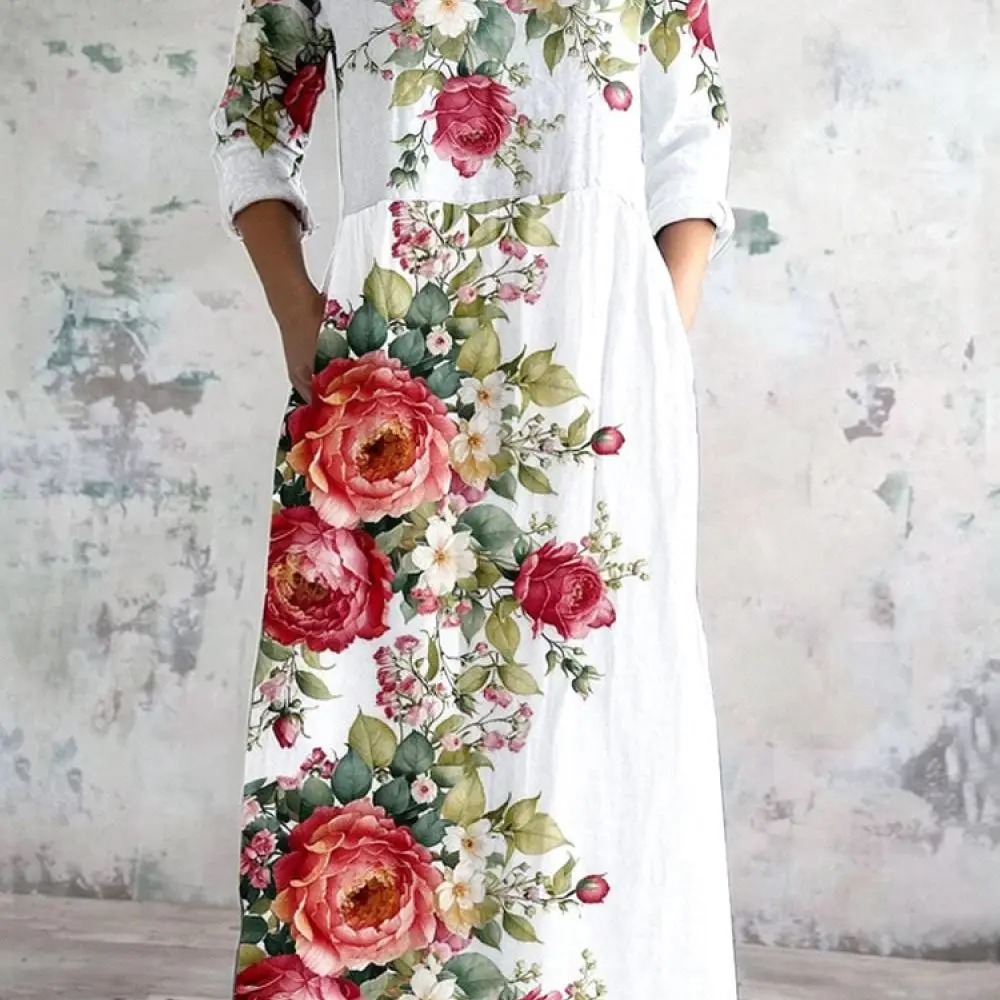Elegant Floral Dress Women Long Sleeve V Neck Casual Loose Fit Stylish Bohemian Fashion Spring Daily Outfits New
