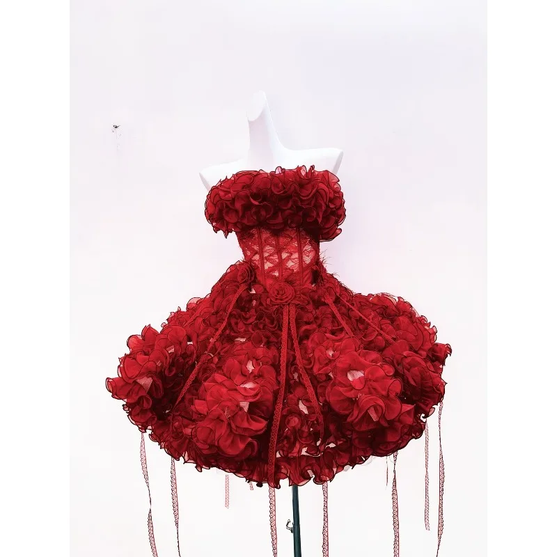 Red 3D Floral Embroidery Mini Dress Slim Fit Romantic Ruffle Mesh Dress Elegant Sweet Outfit for Date Party Evening Occasions