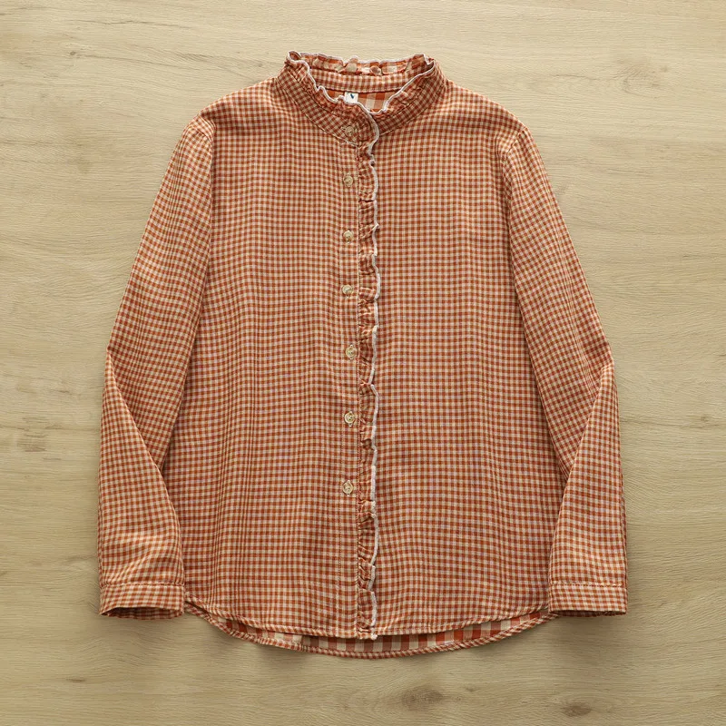 เสื้อเชิ้ตแขนยาวผ้าฝ้ายลายสก็อตแต่งระบายสไตล์โมริเกิร์ล  สำหรับผู้หญิง  รุ่นใหม่ประจำฤดูใบไม้ร่วงปี 2025  สไตล์เรียบง่าย  ใส่ได้หลายโอกาส  ทรงหลวม  รุ่น T59222CC