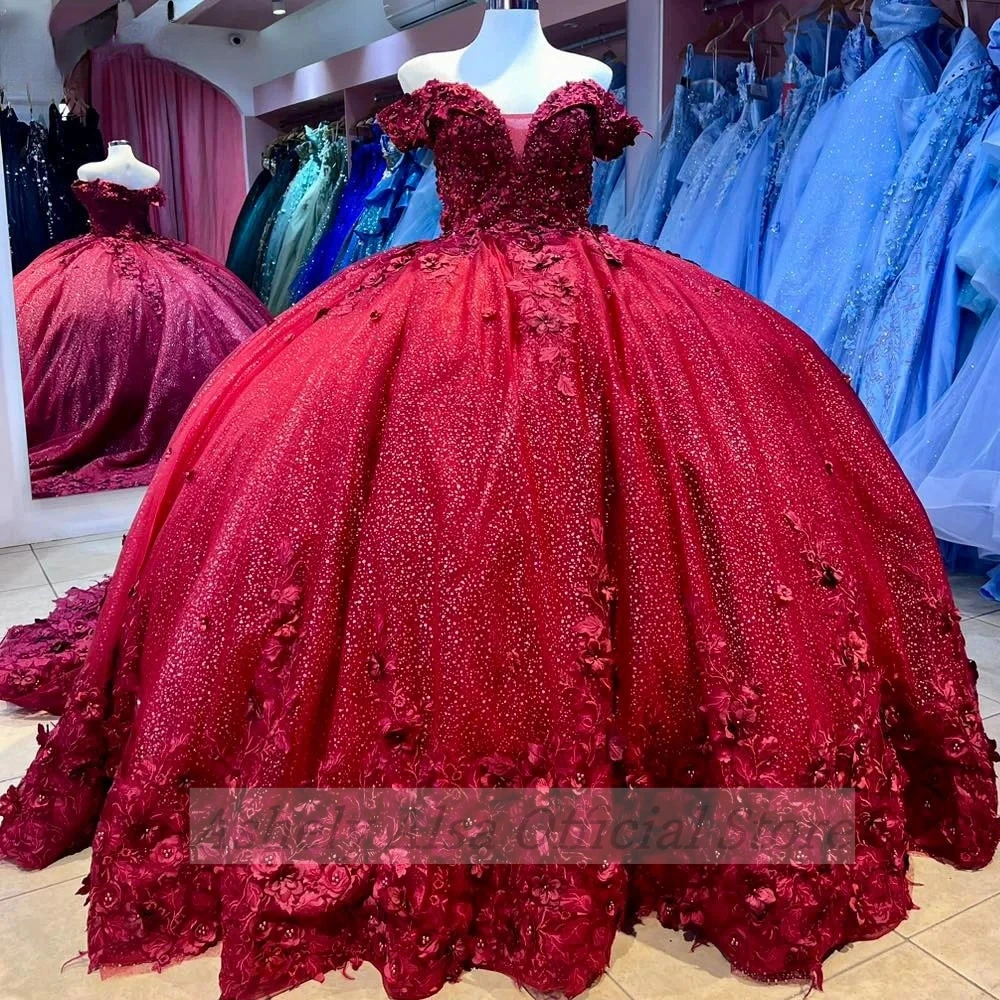 Vestidos De quinceañera con hombros descubiertos para niña, falda De baile Floral 3D, Vestido De fiesta De cumpleaños para niña De 15 a 16 años