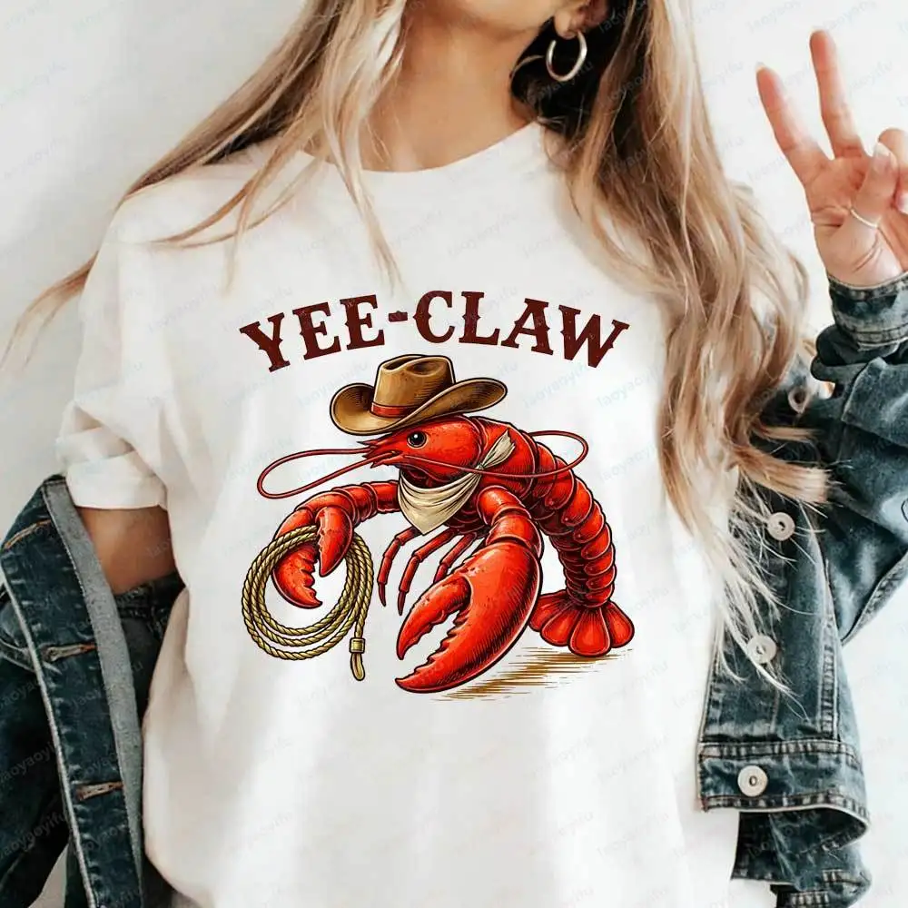 Yee-Claw Cowboy Lobster T-Shirt Funny Western Rodeo Crawfish Lasso Graphic Tee for Men Women Casual Short Sleeve Cotton Tops Tee