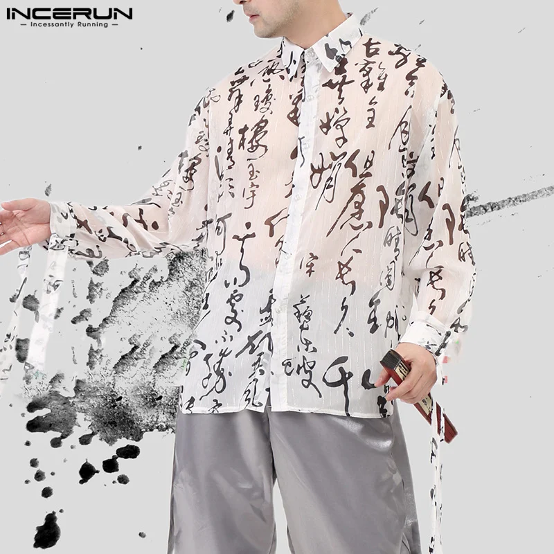 INCERUN Tops 2024 Korean Style Men Loose Perspective Chinese Character Print Shirt Fashion Personality Long Sleeved Blouse S-5XL