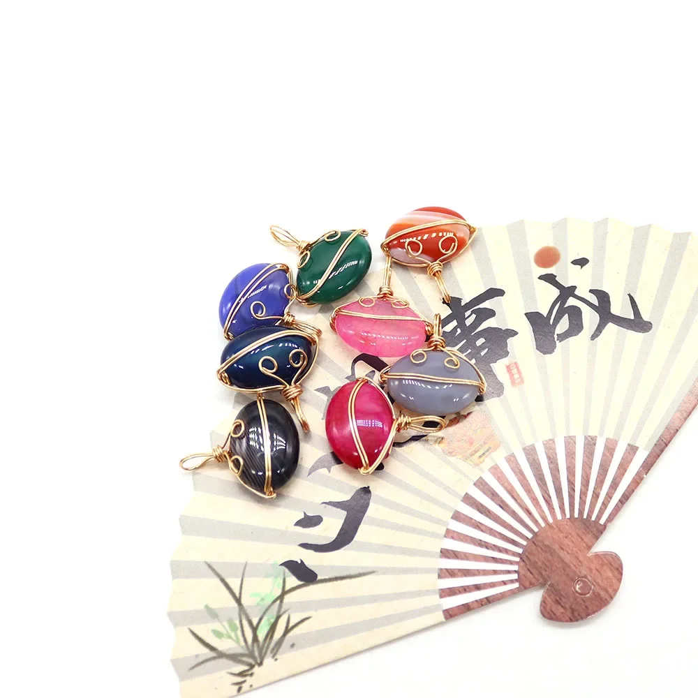 21x14mm Creative Natural Stone Striped Agate Handmade Wire-wrapped Inlaid Single-hole Pendant DIY Necklace Earring Jewelry