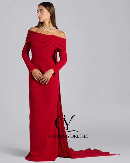 فساتين سهرة حمراء للنساء من CUYUN برقبة قارب مع ذيل فساتين مناسبة رسمية مخصصة على شكل حرف A فستان زفاف للضيوف فستان حفلات #2