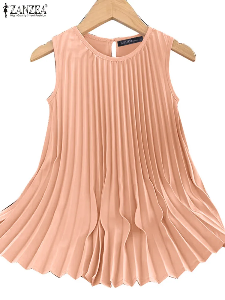 ZANZEA Summer O-neck Beach Tank Tops Women Korean Sleeveless Pleated Tanks 2024 Fashion Casual Loose Tunic Sweety Holiday Camis