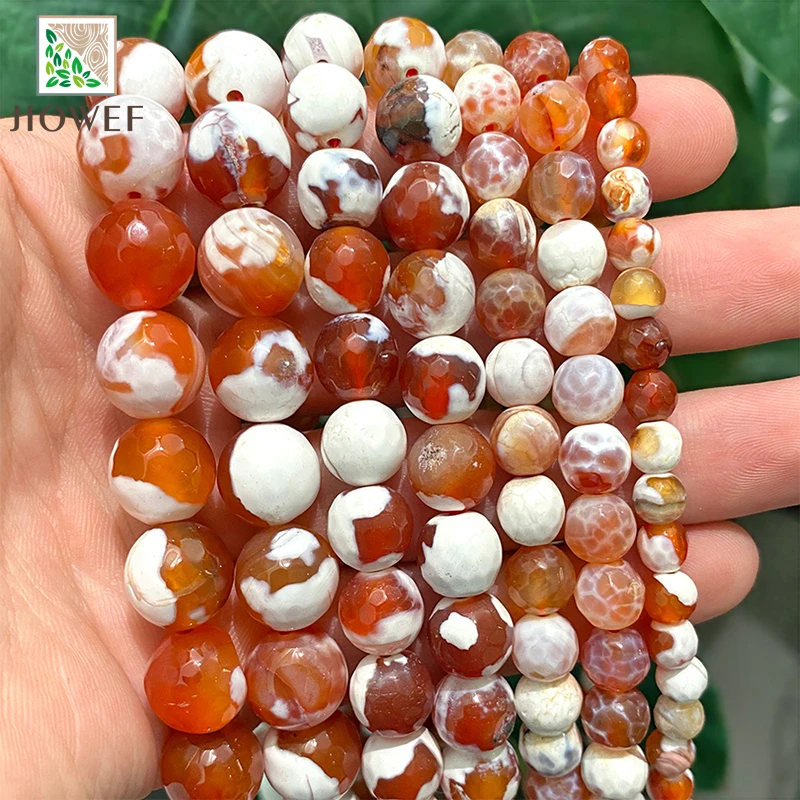 Natural Faceted White Red Frost Cracked Fire Carnelian Onyx Agates Round Beads 15\'\' Strand 6/8/10/12mm Diy Bracelet Accessories