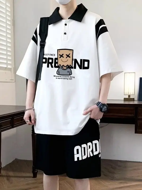 Conjunto de Roupas Casuais de Verão para Homens, Camiseta  Estampada Moderna de Manga Curta, Calças Soltas em Fibra de Po...