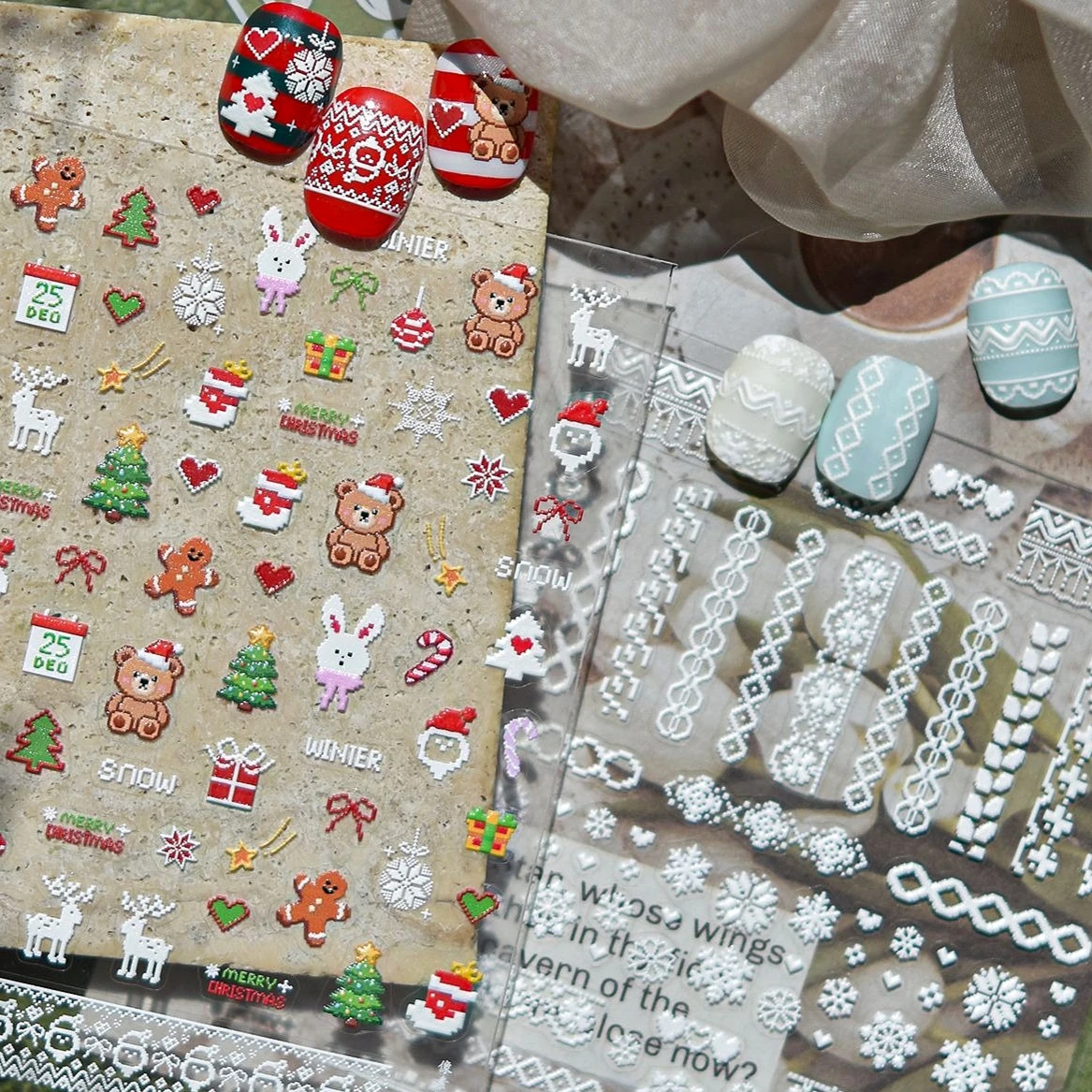 

Christmas Tree Bear Deer White Snowflakes Lace Heart Gingerbread Man Snowman Santa Claus Crystal Ball Nail Art Stickers Decals