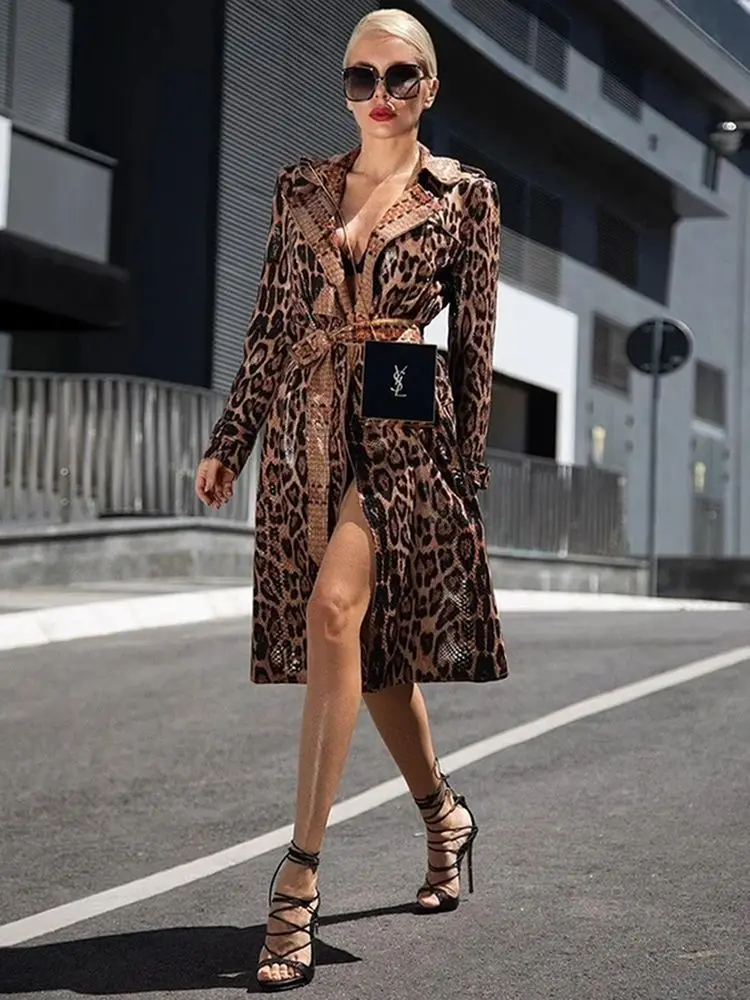 High Quality Winter New Snake Print Coat Women Sexy Belt Slim Patent Leather Washed Coats Female Elegant Fashion Party Clothing