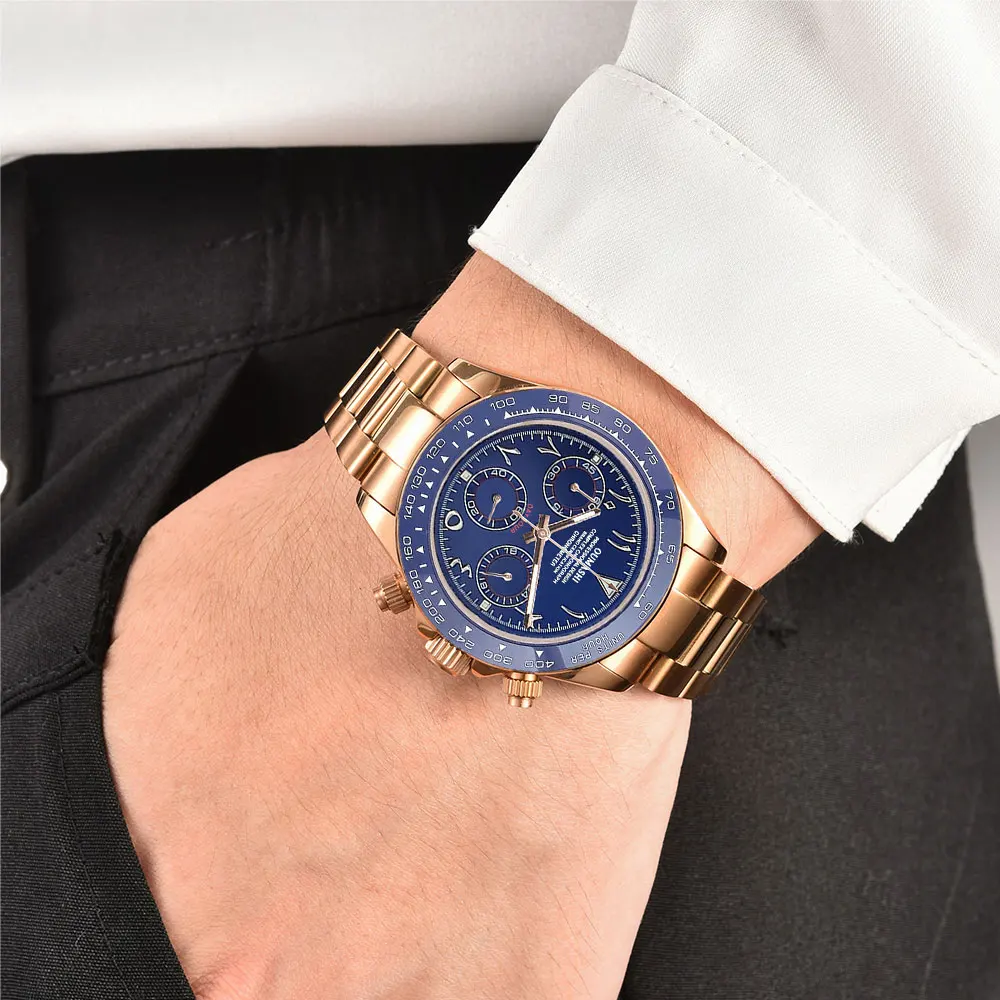 39mm rose gold men's watch VK63 movement quartz chronograph sapphire glass blue Arabic dial luxury business men custom watch