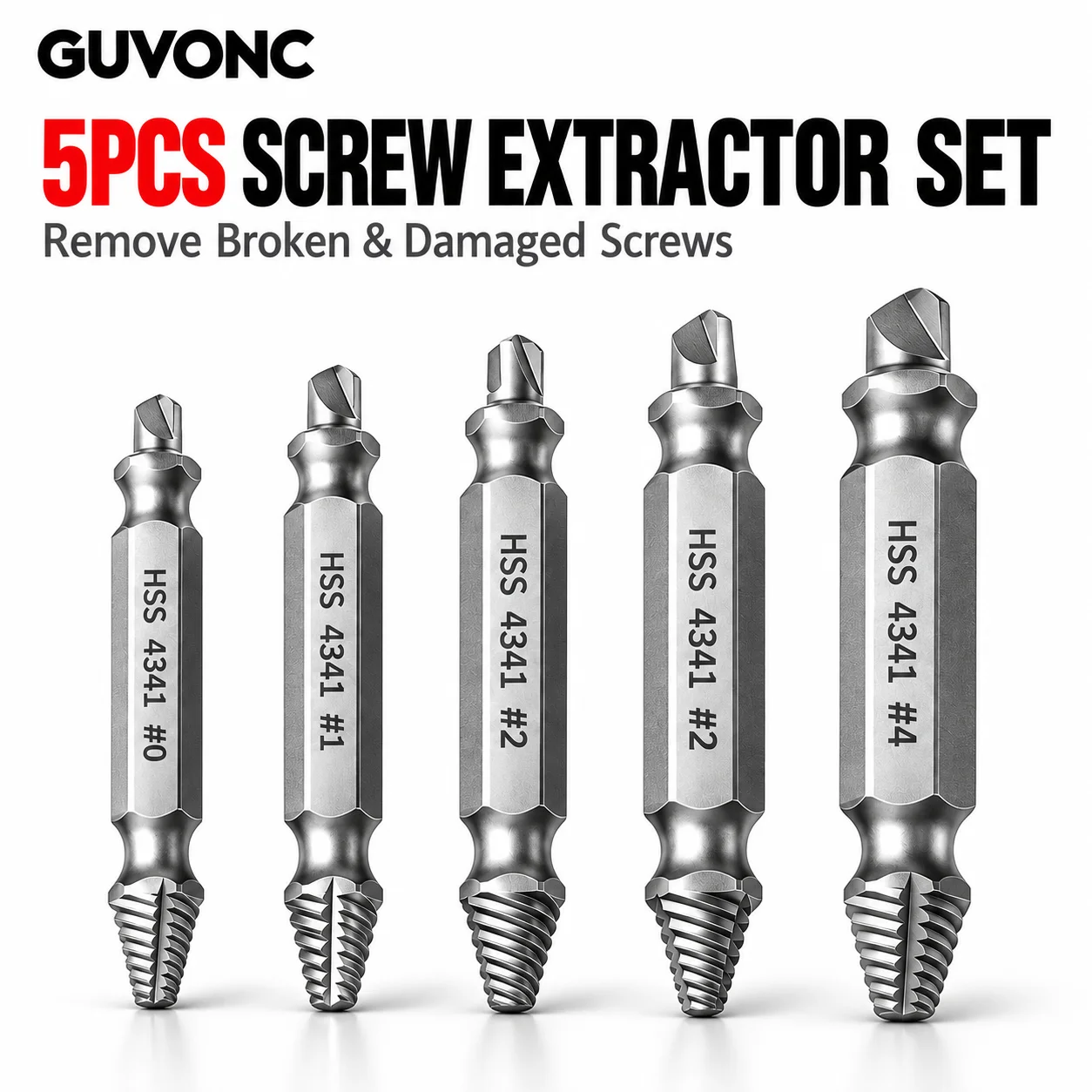 5Pcs HSS 4341 Broken Screw Extractor Set #0/1/2/3/4, Reverse Thread Hex Shank for 1-14mm Damaged Screws