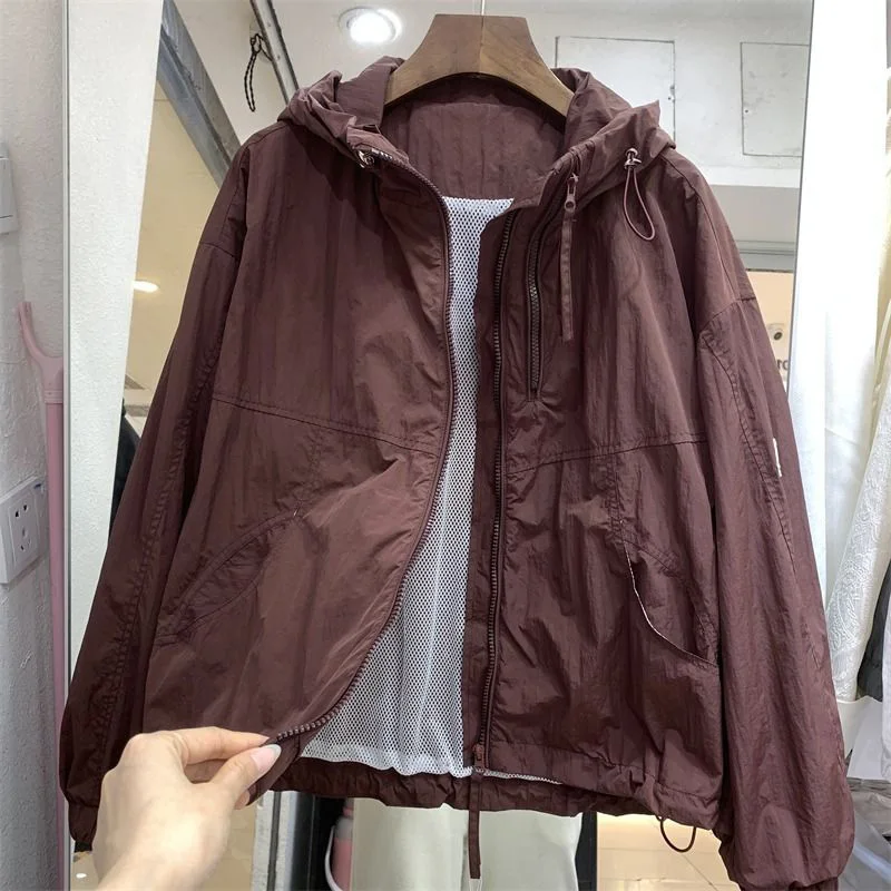 

Корейская женская модная верхняя одежда в корейском стиле, весенне-осенняя легкая дышащая свободная повседневная спортивная кофта на молнии с капюшоном