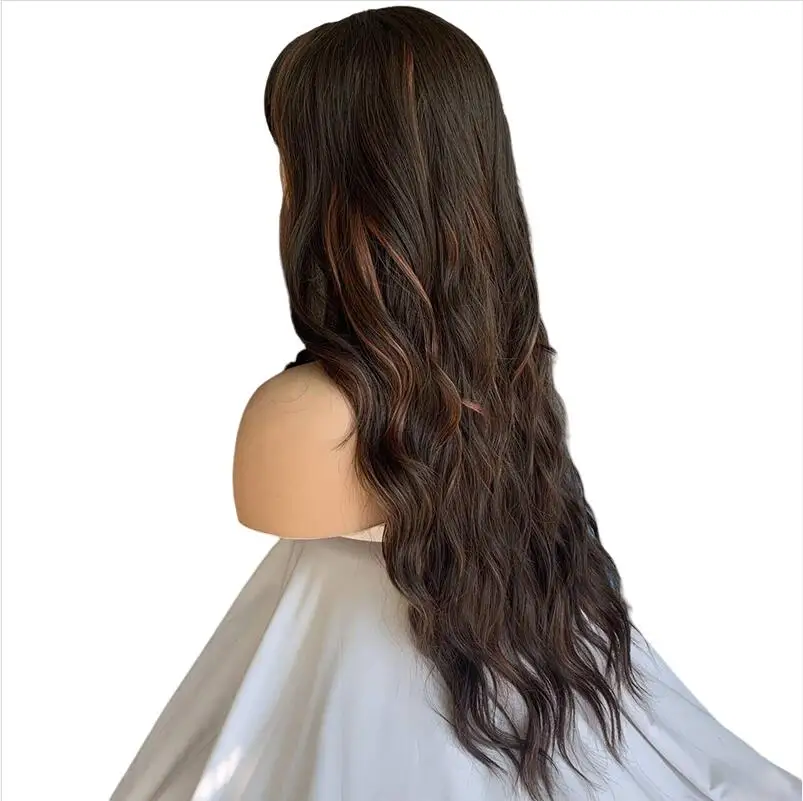 Peluca de cabello sintético de onda Natural larga con flequillo para mujer, pelucas de Cosplay de aspecto Natural, Marrón mezclado, Halloween, fibra resistente al calor