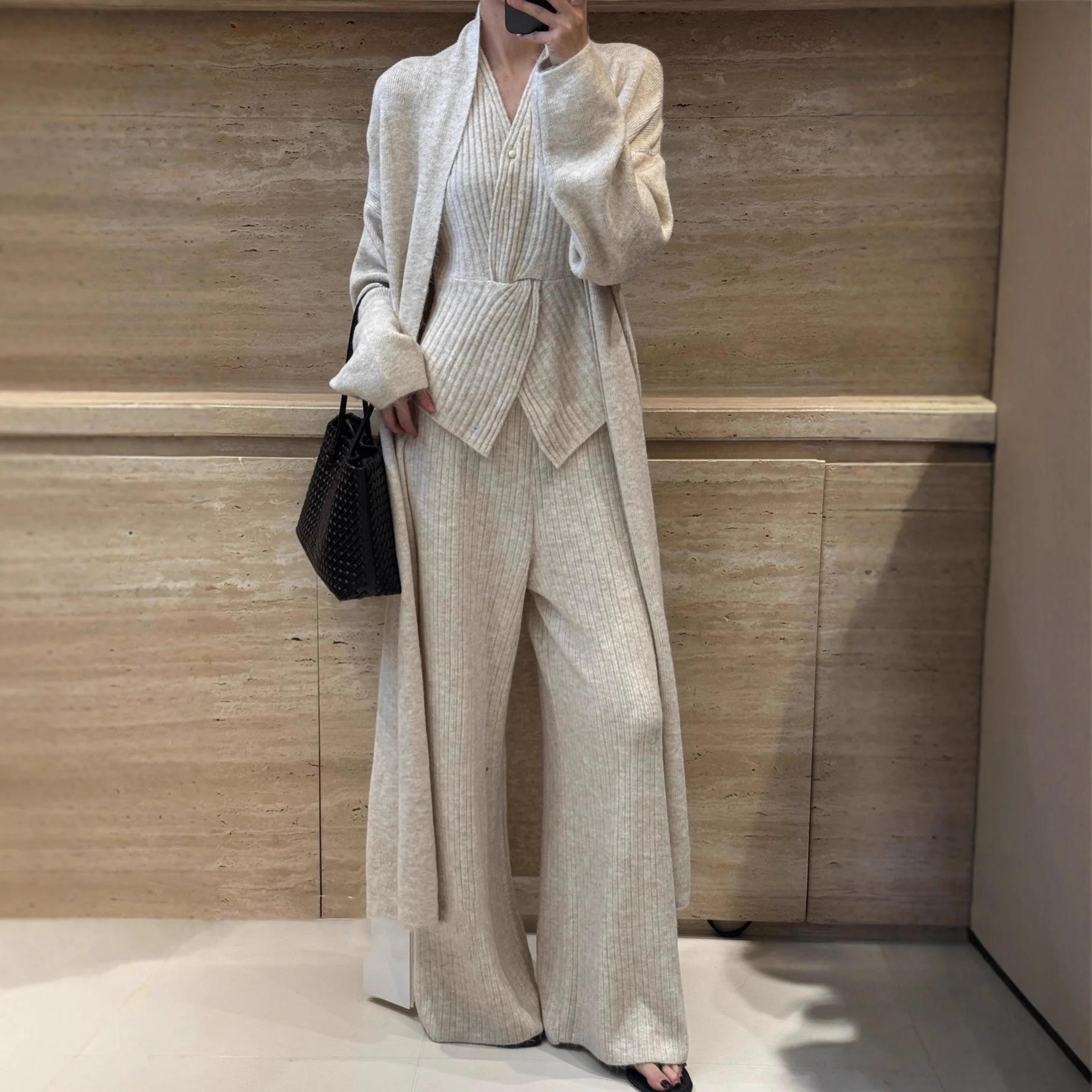 

Women Pant Set Three Piece Sets Full Sleeve Mid Length Coat V Neck Tight Waist Tops Wide Leg Long Pants Knit Y2k Streetwear