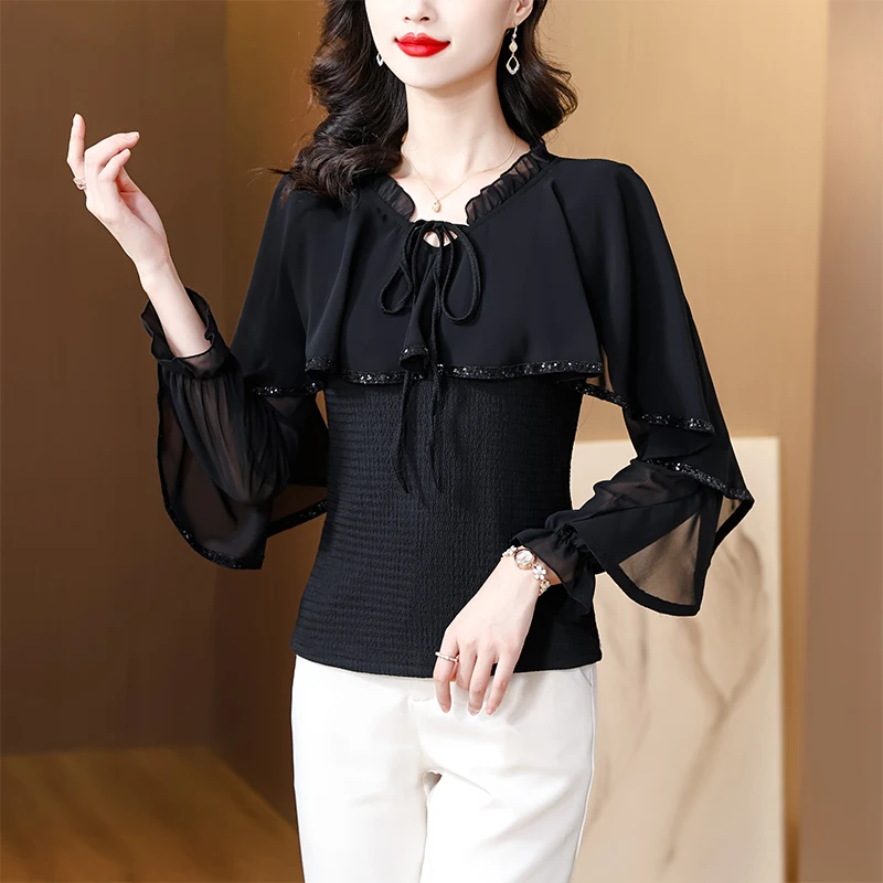 Vintage Damen Blusen Casual Rüschen Shirts Mode Lose Frühling/Sommer Chiffon Kleidung Lange ärmeln Koreanische Frauen Tops