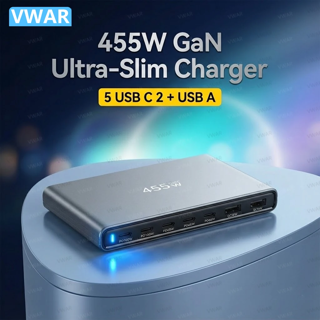 

VWAR 455 Вт GaN Ультратонкое зарядное устройство USB C 7-портовое настольное зарядное устройство типа C PD 100 Вт Быстрая зарядка для MacBook Samsung iPhone 17 16
