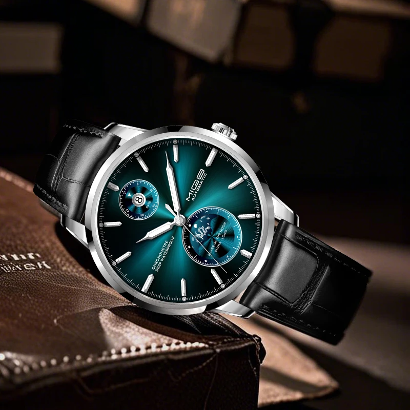 mige brand business steel mechanical watch men movement waterproof luxury fashion automatic night light leather watches for man