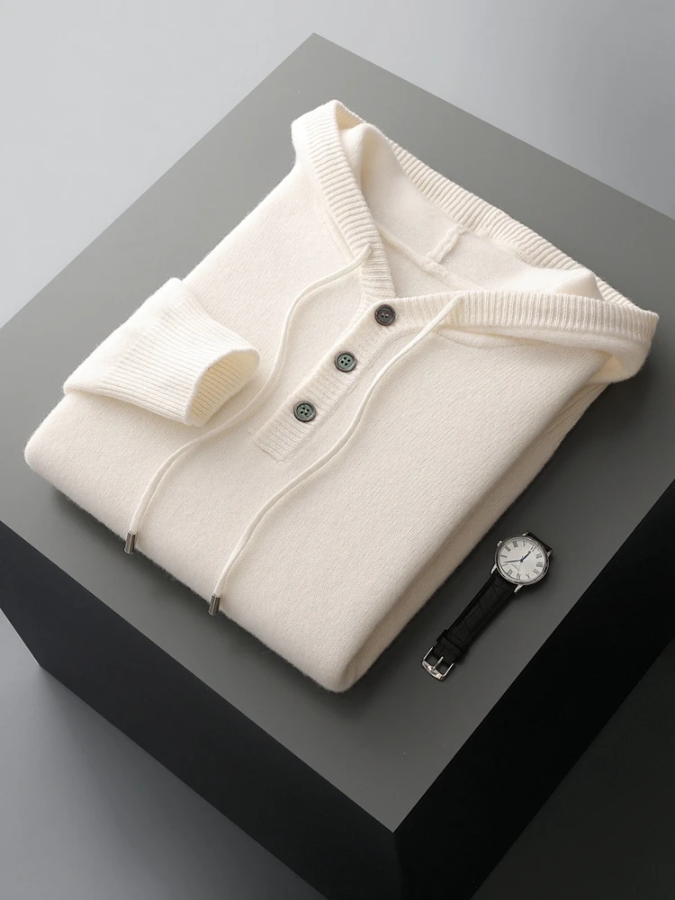2025 New Chic Man Hooded Pullover Autumn Winter Basics 100% Merino Wool Sweater Sports Sweatshirt Button Drawstring Male Clothes