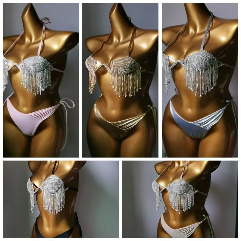 2025 New Nightclub Suit Steel Holder Hard Cup Bikini Diamond Swimwear Silver Tassel Shining Bodybuilding Performance Suit
