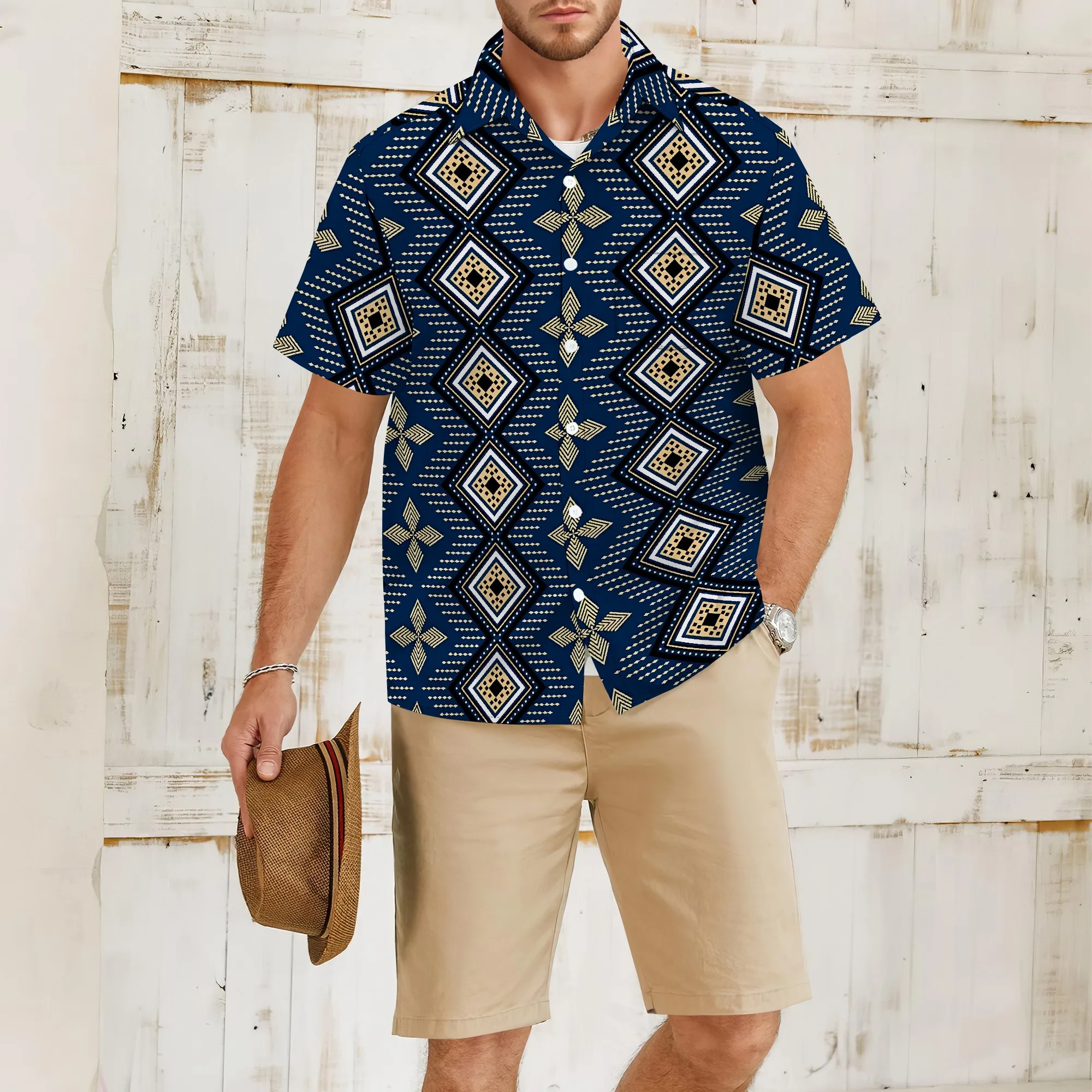 

YEAE Diamond Pattern Print Shirt for Men Summer Casual Short Sleeve Top