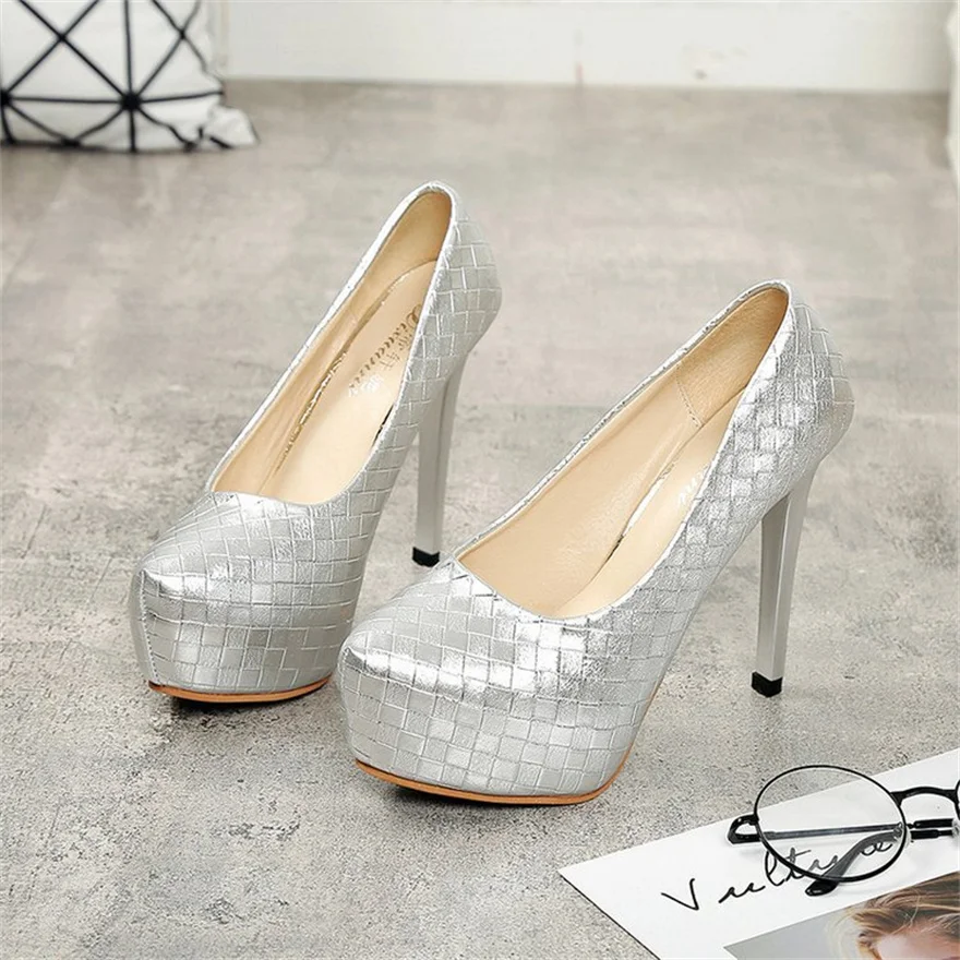 New Autumn 12CM High Heels Women Pumps Round Toe Slip On Stiletto Black Silver Woven Plaid Platform Party Office Lady Shoes Sexy
