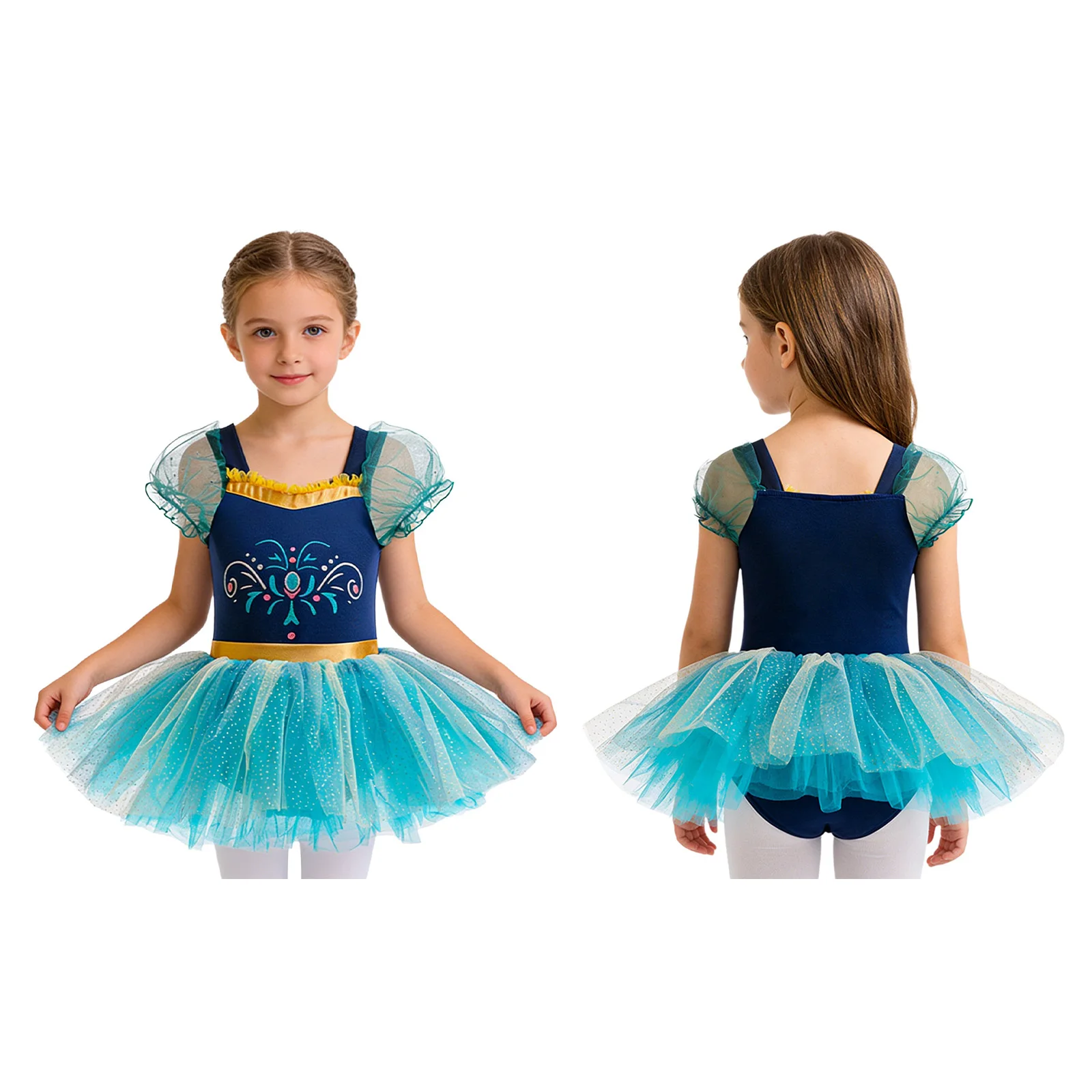 

Girls Ballet Tutu Dress with Built-in Briefs Short Puff Sleeve Sparkle Tulle Dance Performance Costume Competition Recital Show