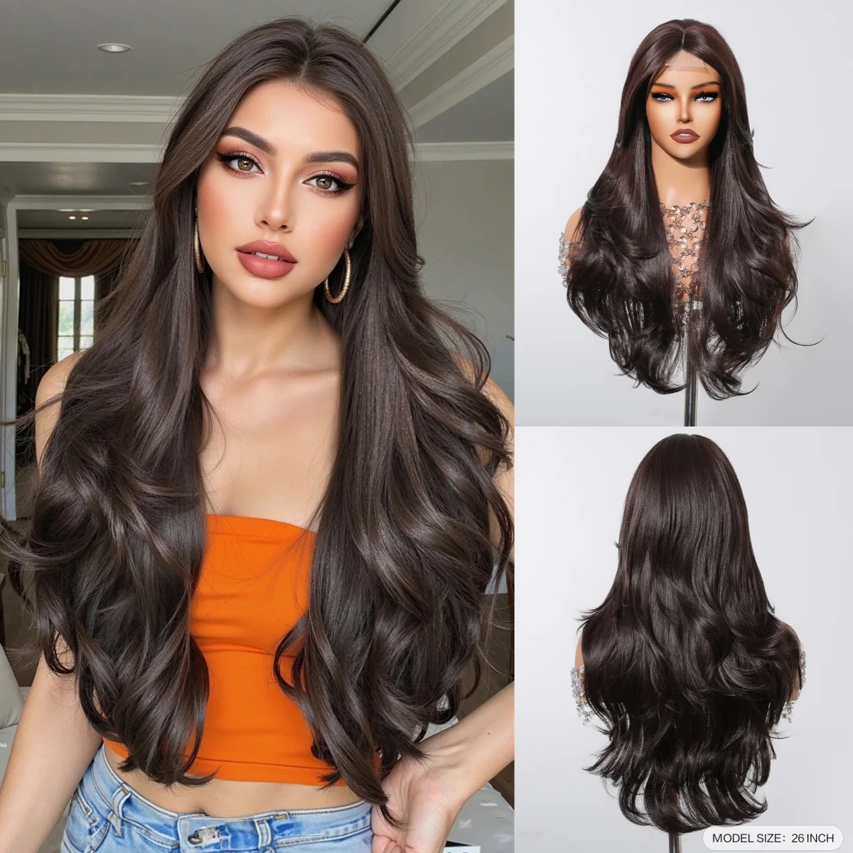 ALAN EATON Black Lace Front Synthetic Wigs Long Natural Wavy Wig with Bangs for Women Daily Party Use Heat Resistant Fiber