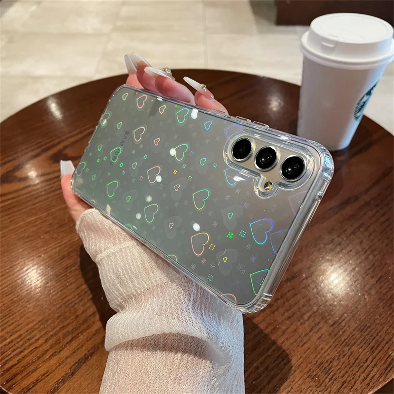 Holographic Laser Love Heart Transparent Case for Samsung Galaxy A57 A37 A17 A56 A36 A55 A54 Gradient Colorful Airbag Cover