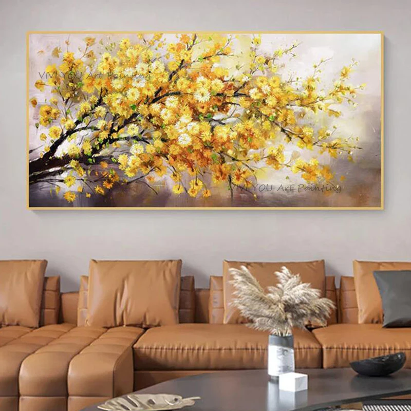 Handpainted Wall Oil Painting On Canvas Thick Textured Golden Bloom Tree Floral Oil Painting for Modern Office Decor