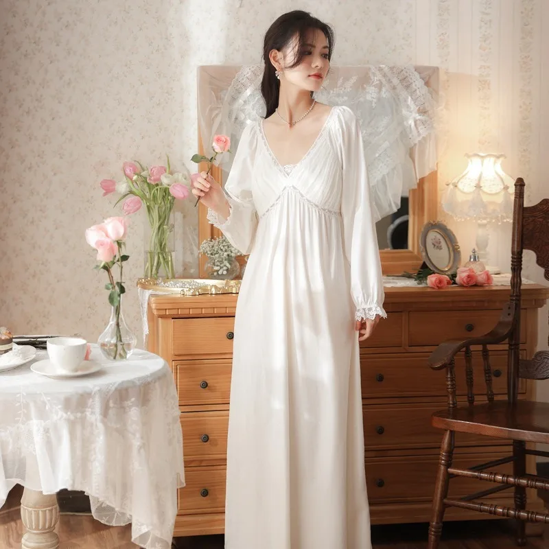 

Women's Long-Sleeved Cotton Lace Patchwork Nightdress Spring Court Style with Sexy Lace V-Neck and Chest Pad for Autumn Lounging
