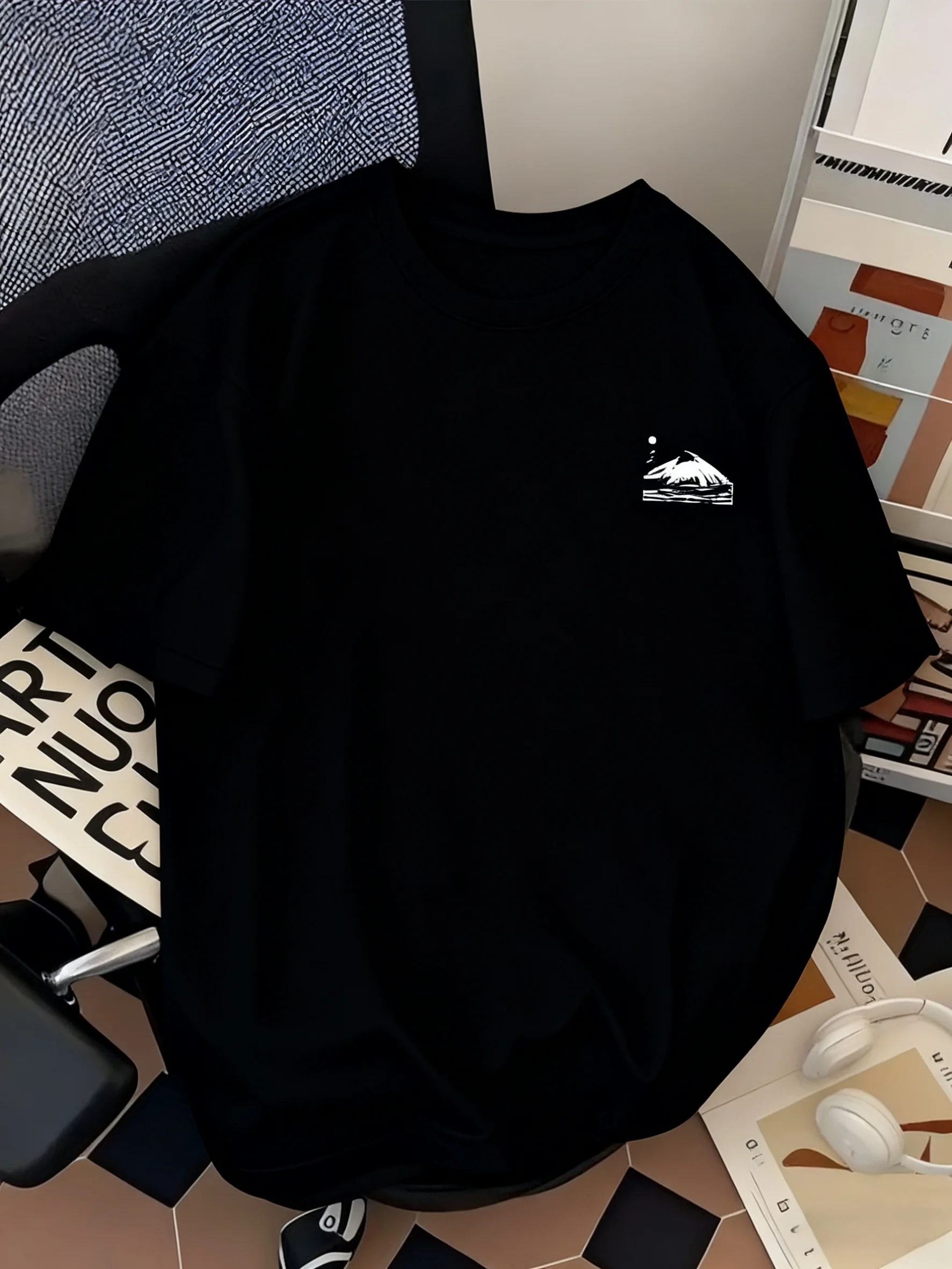 Minimalistisches japanisches Ukiyo-E-T-Shirt mit Aufdruck von Mount Fuji und Kirschblüten, 100 % Baumwolle, Herren-T-Shirt, Sommer, lässige Streetwear – Detail 4