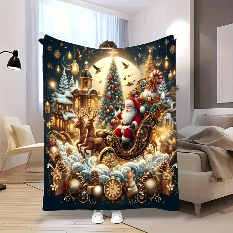 Santa & Reindeer Christmas Blanket - Festive Flannel Throw with Tree/Sleigh Print, Cozy All-Season Gift for Sofa/Bed/Travel