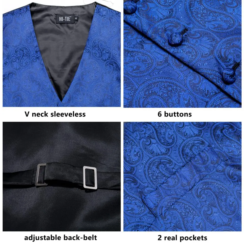 Hi-Tie Royal Blue Floral Silk Mens Vest Tie Set Jacquard Waistcoat Sleeveless Jacket Necktie Hanky Cufflinks Wedding Business