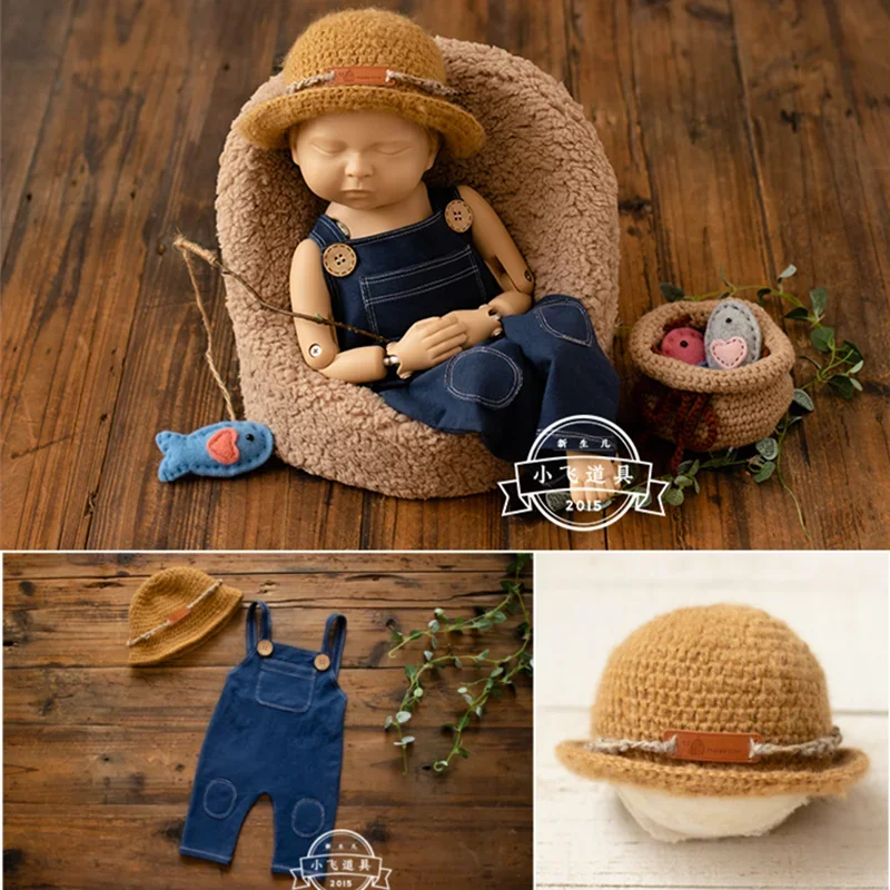 Neonati maschi Puntelli per fotografia Cowboy Denim Reggicalze Senza maniche Pagliaccetto Cappello Vestiti Costumi Studio di ripresa Puntelli per foto