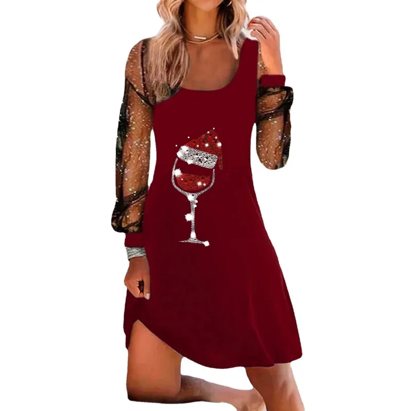 

Women's Christmas Wine Cup Print Pullover Long Sleeve Dress Temperament Commuting Autumn Woman Fashion A-line Casual Dresses