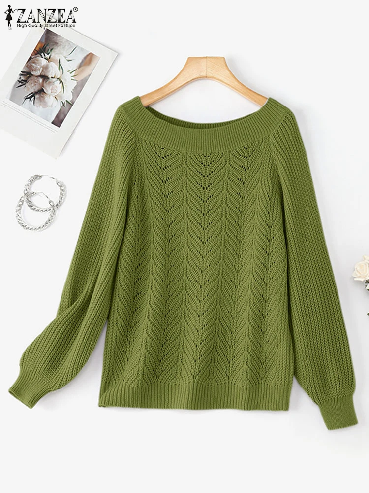 

2025 ZANZEA Stylish Autumn Long Lantern Sleeve Knitted Sweater Women Pullover Sweaters Winter Elegant Casual Slash Neck Jumpers