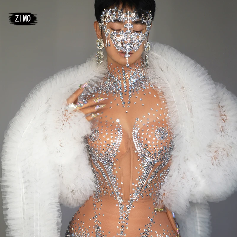 Conjunto de mono con diamantes de imitación brillantes para mujer, medias transparentes para fiesta de cumpleaños, club nocturno, traje de actuación de escenario de baile de malla