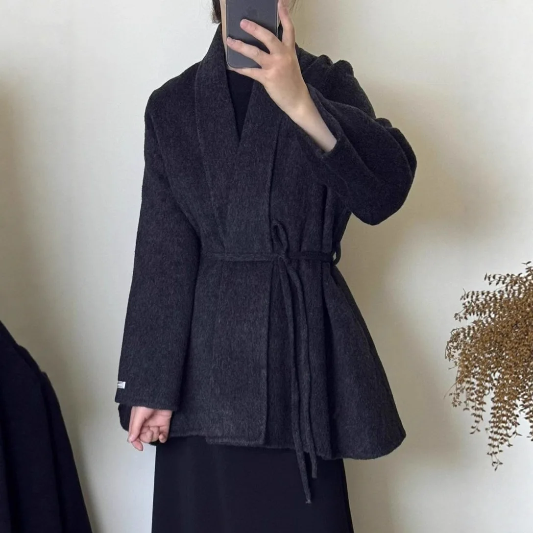 

2026 Double-sided Woolen Coat Minimalist Irregular Wool Coat Lazy Style High-end Temperament Lace Up Trench Jacket