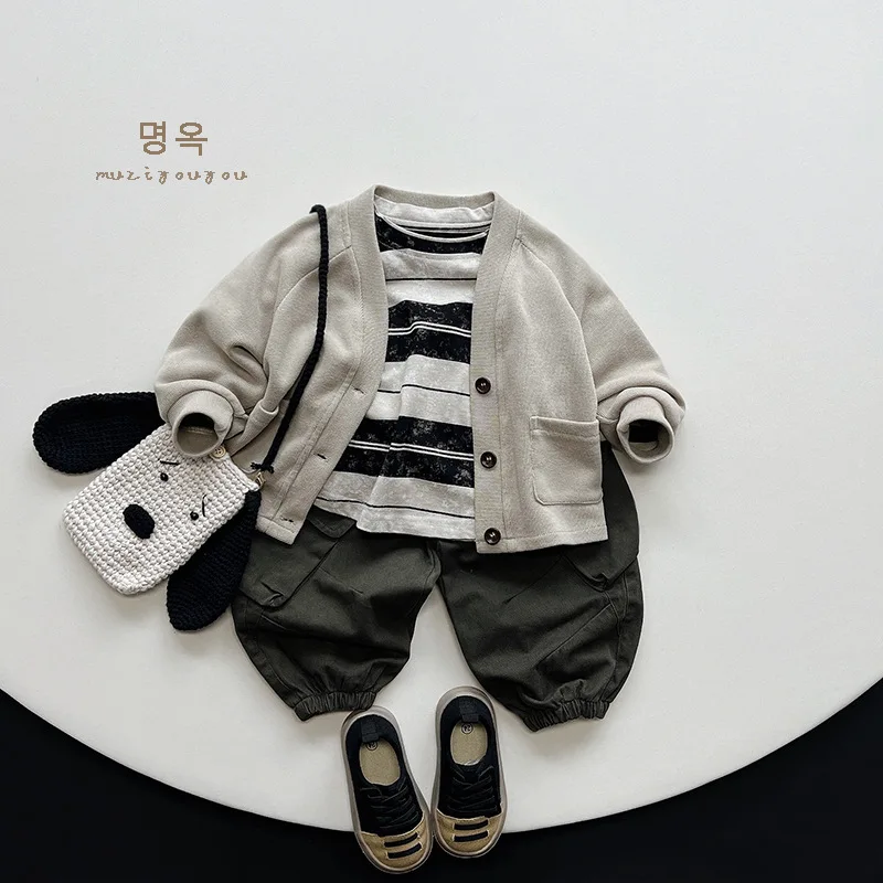 2024 Spring New Children Long Sleeve Lapel Casual Coat Boys Girls Retro Cardigan Solid Kids Pocket Jacket Fashion Baby Clothes