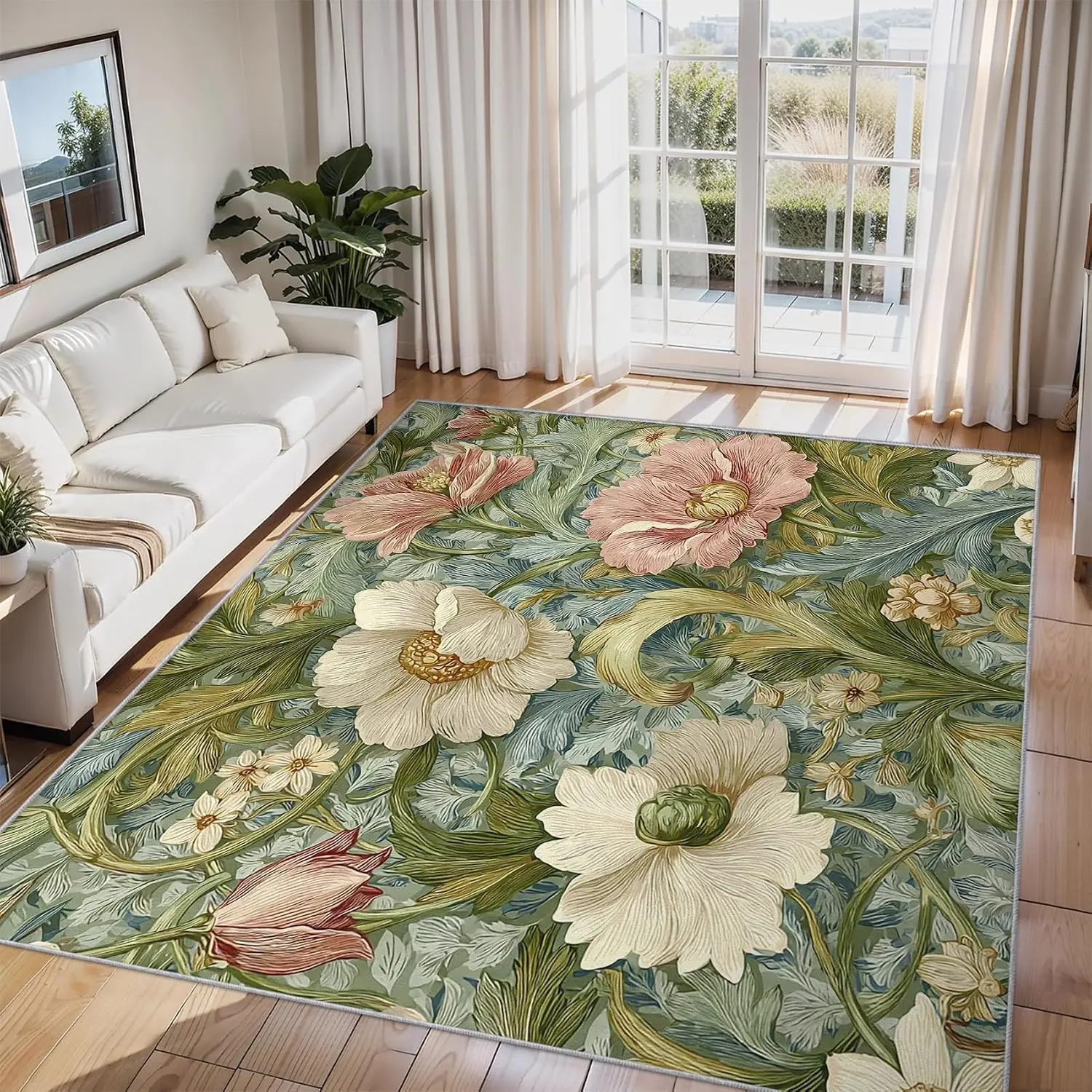 10x12 Extra Large White Pink William Morris Floral Area Rug Washable Non Slip Low Pile Carpet for Living Room Bedroom Home Decor