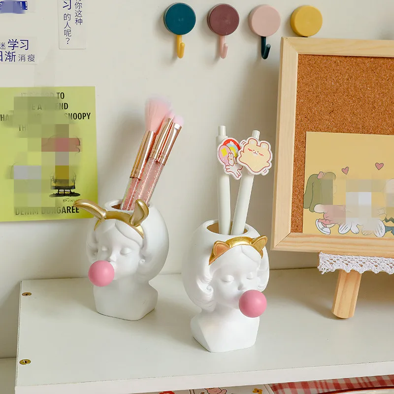 Cute Girl Bubble Gum Figurine Pen Pencil Holder Desk Organizer Makeup Brush Organizer Flower Pot Sculpture Vase Stationery