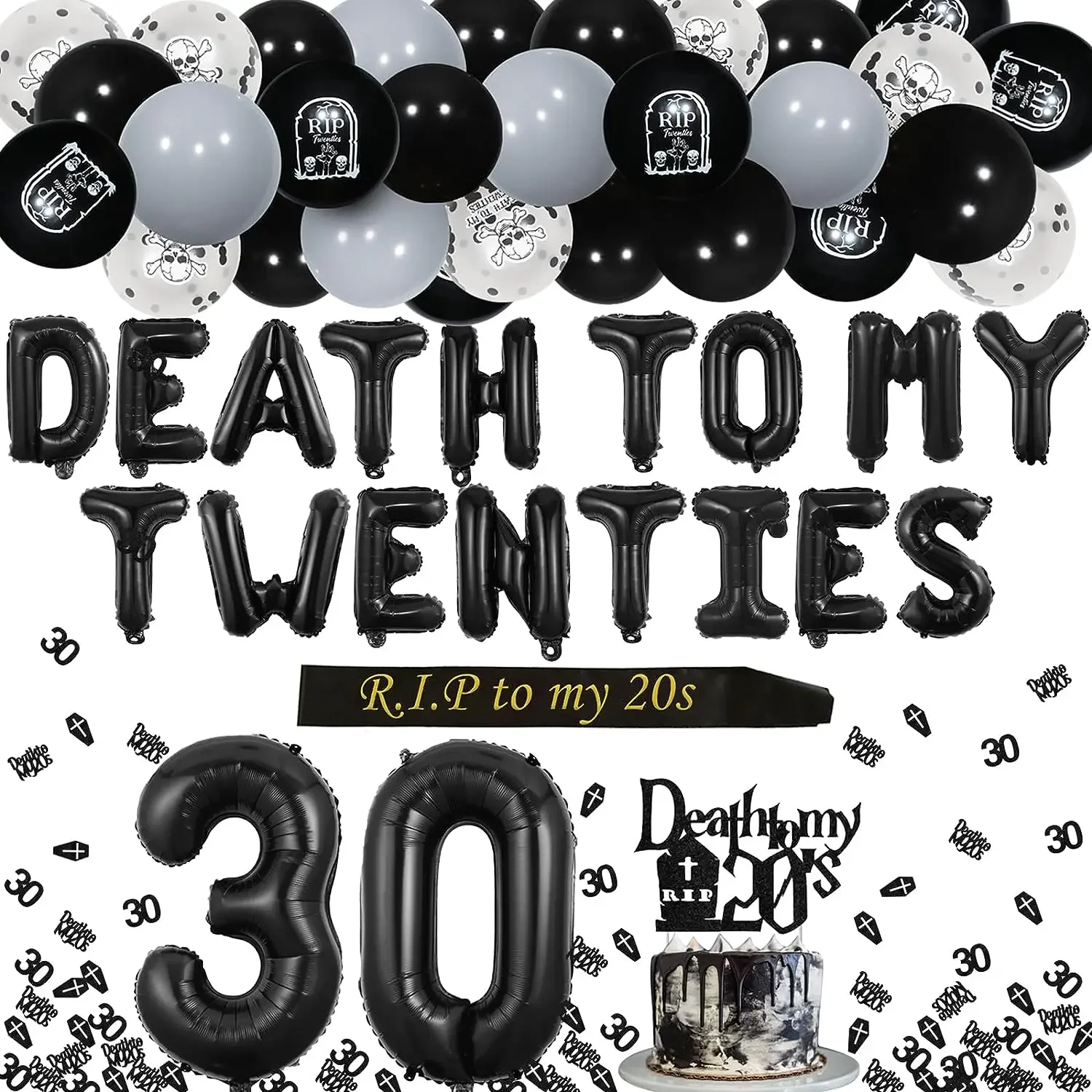 Death To My Twenties Decorations for 30th Birthday, Black Confetti Balloon, Garland Kit, Rip To My 20s Sash, Men and Women