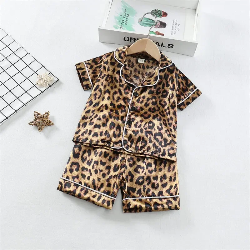 1-6T Summer Kids Ice Silk Pajama Set Boys Girls Cartoon Leopard Print Short Sleeve Blouse Top+Shorts Sleepwear T-Shirt Top Pants