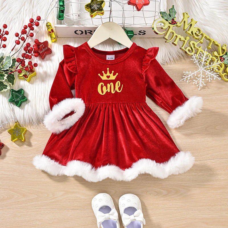 Suefunskry Baby Girls Christmas Dress Long Sleeve Letter Print Fur Trim Velvet Romper Dress Newborn Birthday Clothes 9-18Months