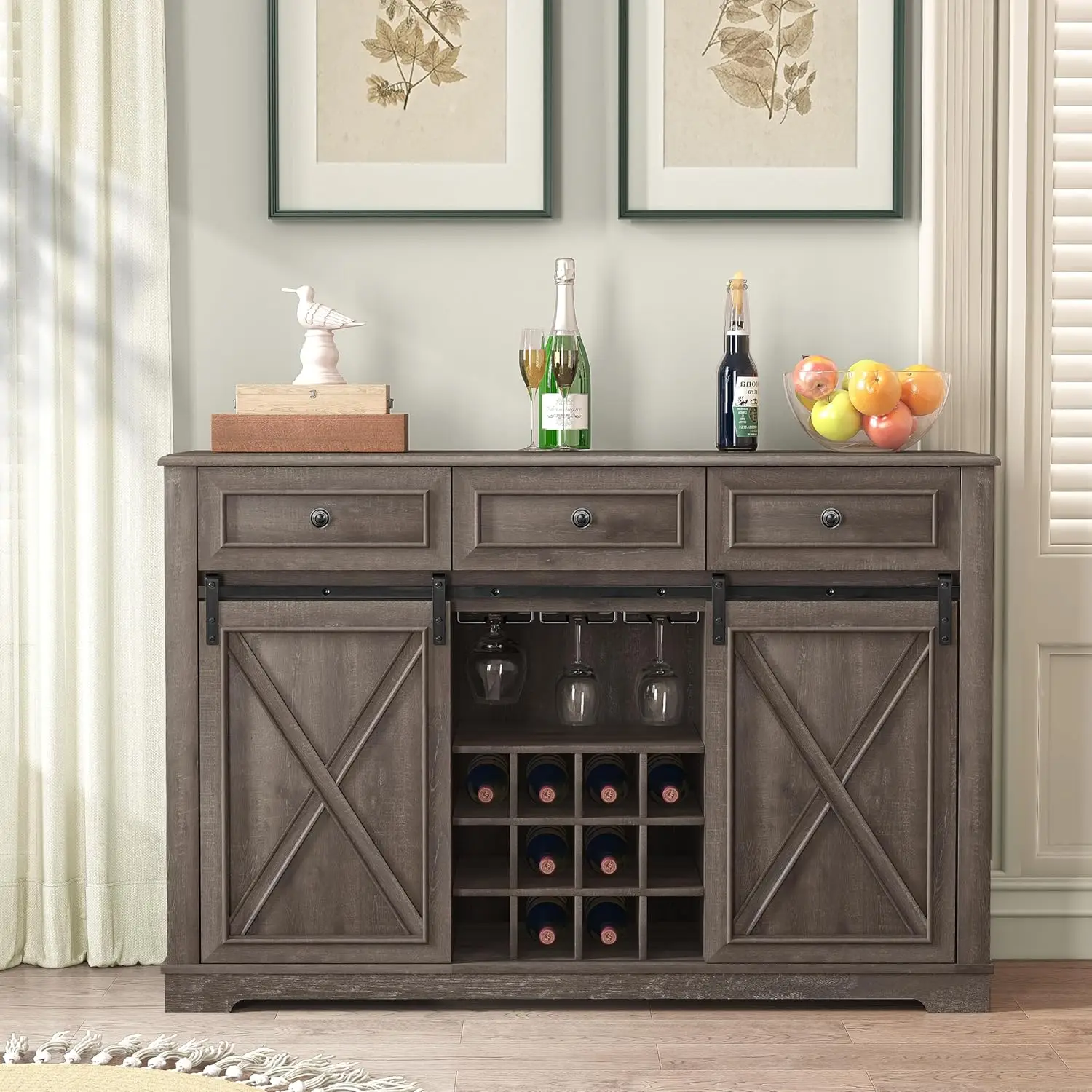 

54 Inch Wine Cabinet with 2 Sliding Barn Doors, 4 Storage Shelves & 3 Drawers, Kitchen Coffee Bar Buffet Sideboard Cabinet