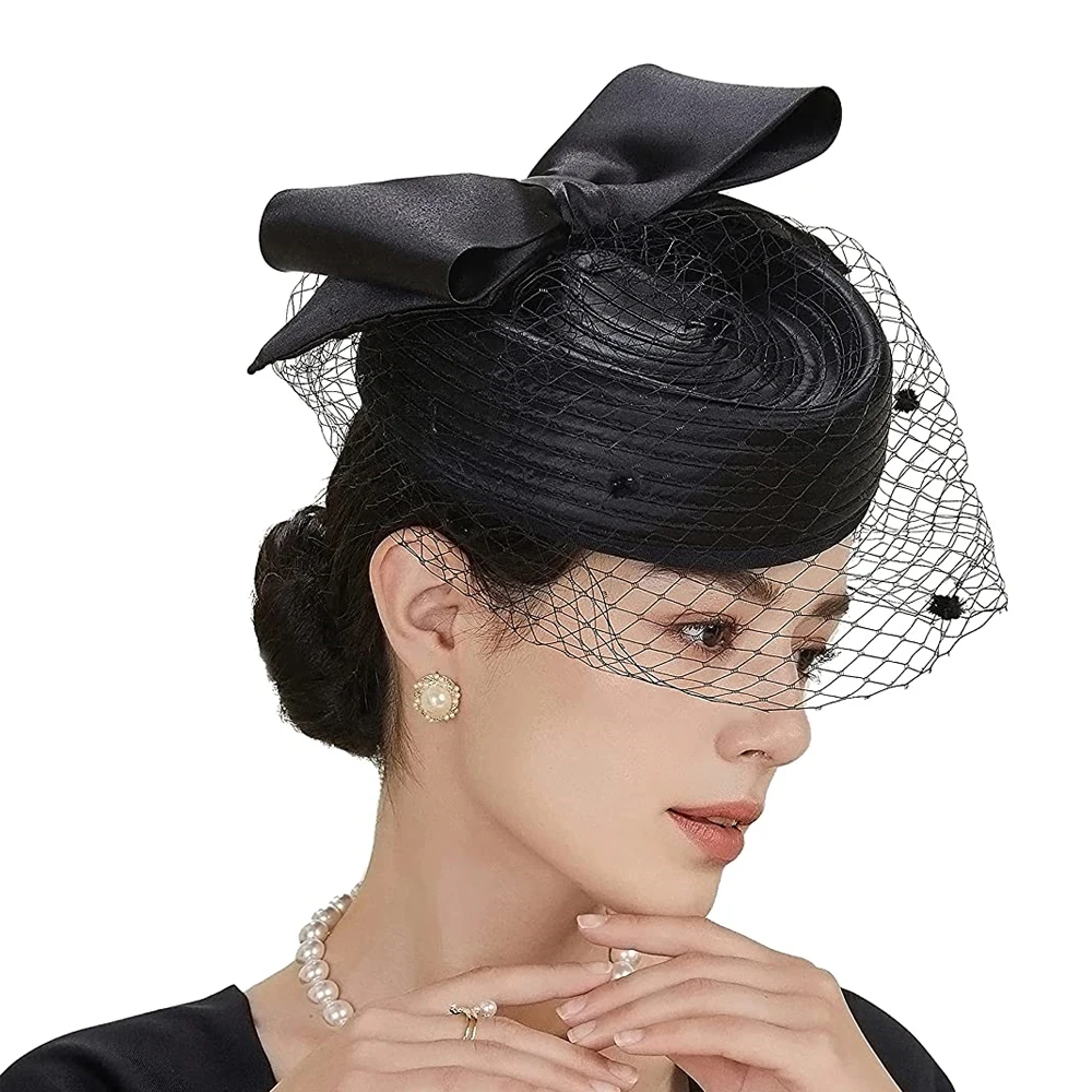 Elegant Kentucky Hat Fascinator for Women Tea Party Birdcage Veil Fascinator Satin Derby Hat Pillbox Hat Fascinator