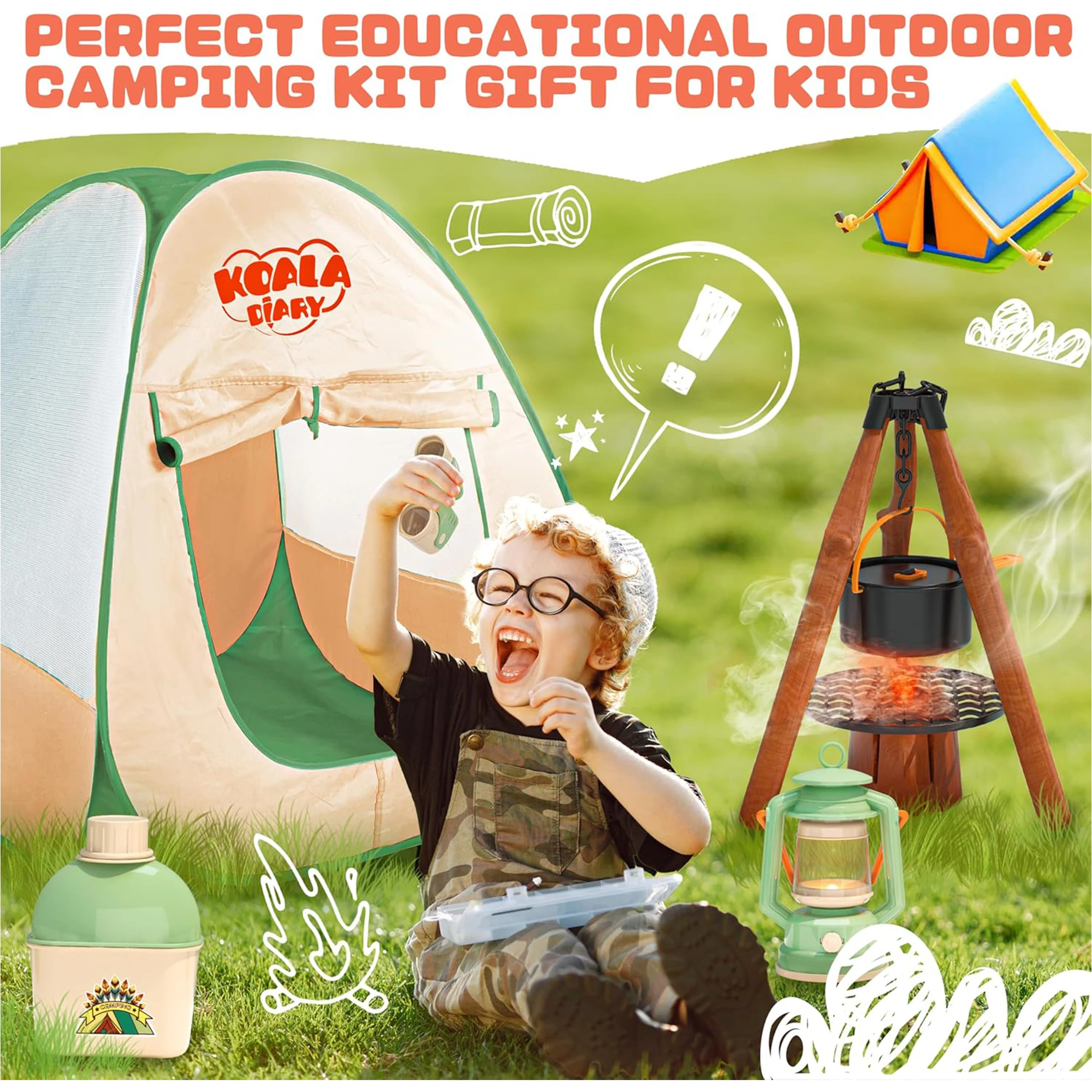 Ensemble d'aventure en plein air immersif pour enfants, tente de camping en boîte exquise + ensemble de piège à feu de camp, base secrète intérieure en matériau Abs résiste en quelques secondes, plaisir de style de cam