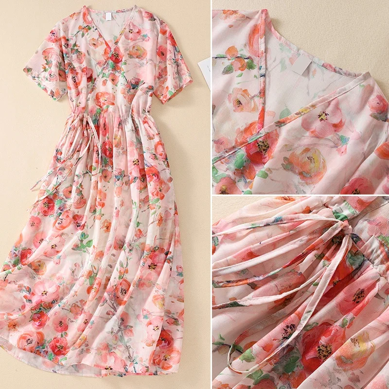 

V-Ne ort Sve Long Dr с завязками на талии Юбка трапециевидной формы с цветочным принтом для женщин больших размеров Летняя одежда для поездок на работу