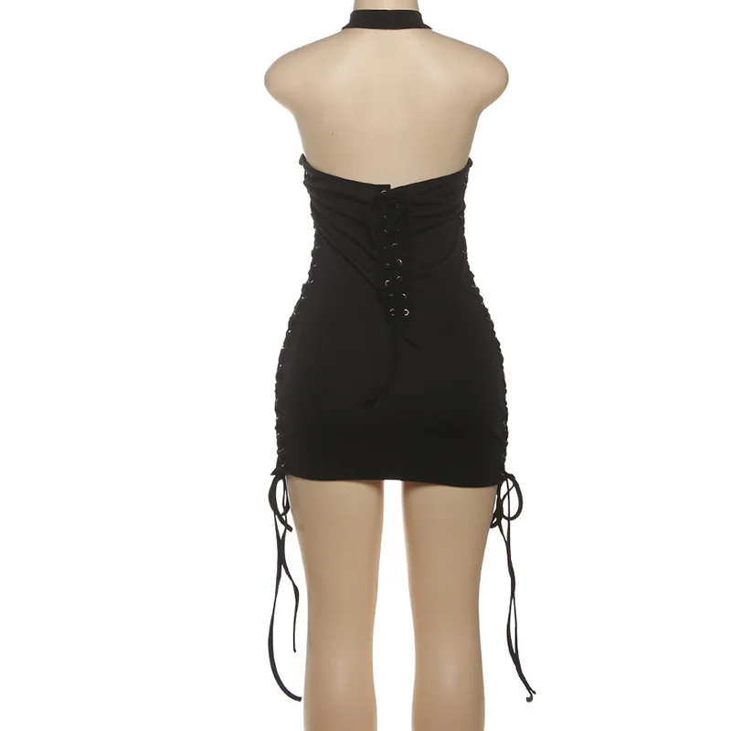ชุดมินิเดรสแฟชั่นผู้หญิง ผ้าเรียบ แต่งตาไก่ ผูกเชือก โชว์หลัง ทรงเข้ารูป เซ็กซี่ แขนกุด สำหรับงานปาร์ตี้กลางคืน ชุดออกงาน ชุดเดรส